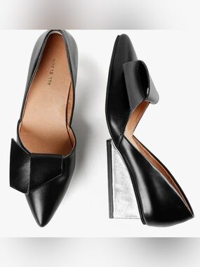 Black All Black D'Orsay Pointed Leather Slingback Heels with Metallic Block Heel